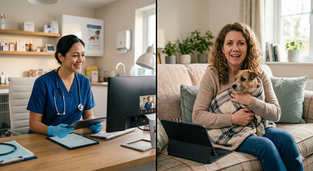 Licensed veterinarian conducting a video consultation with pet owner and dog