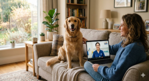 Pet owner video calling a veterinarian online with dog at home