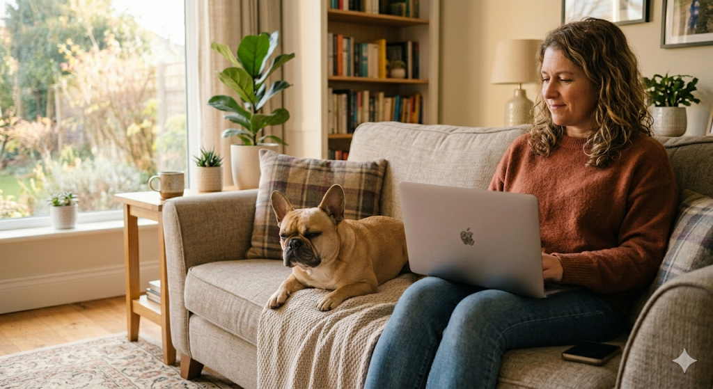 Relaxed dog at home during online vet consultation with owner