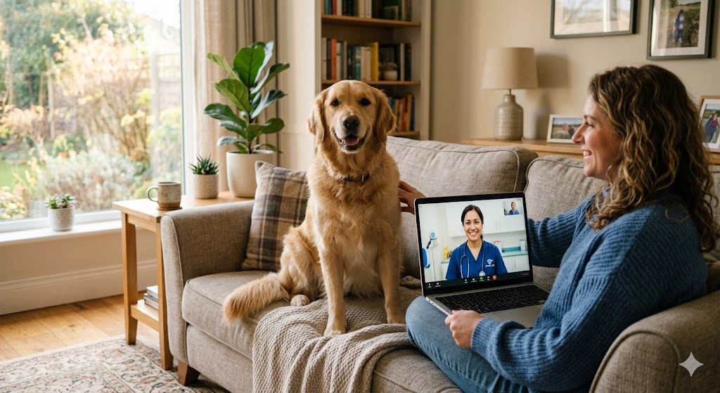 Pet owner video calling a veterinarian online with dog at home